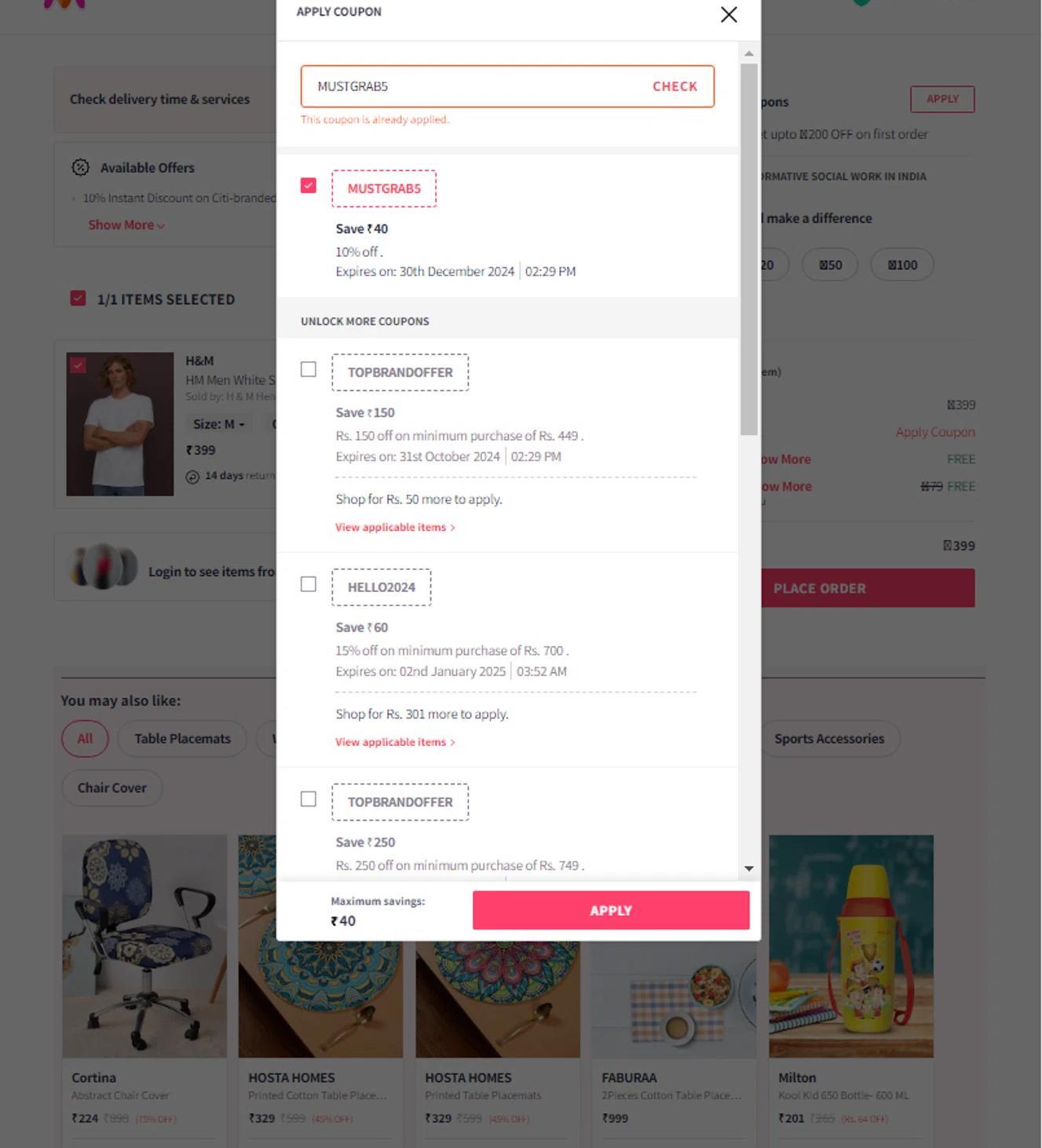 How to apply Myntra coupon code